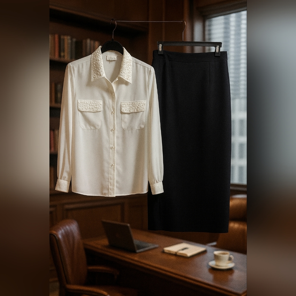 Kathy Che White Beaded Blouse: 12 & Elegant Navy Blue Maxi Skirt: 14